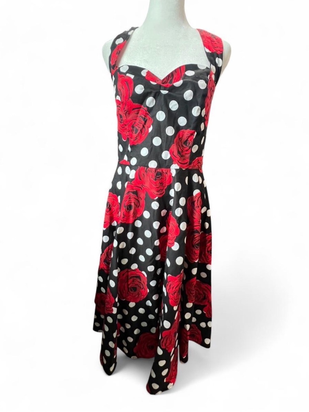 Vintage Inspired Red Rose Polka Dot Fit-and-Flare Dress - Women